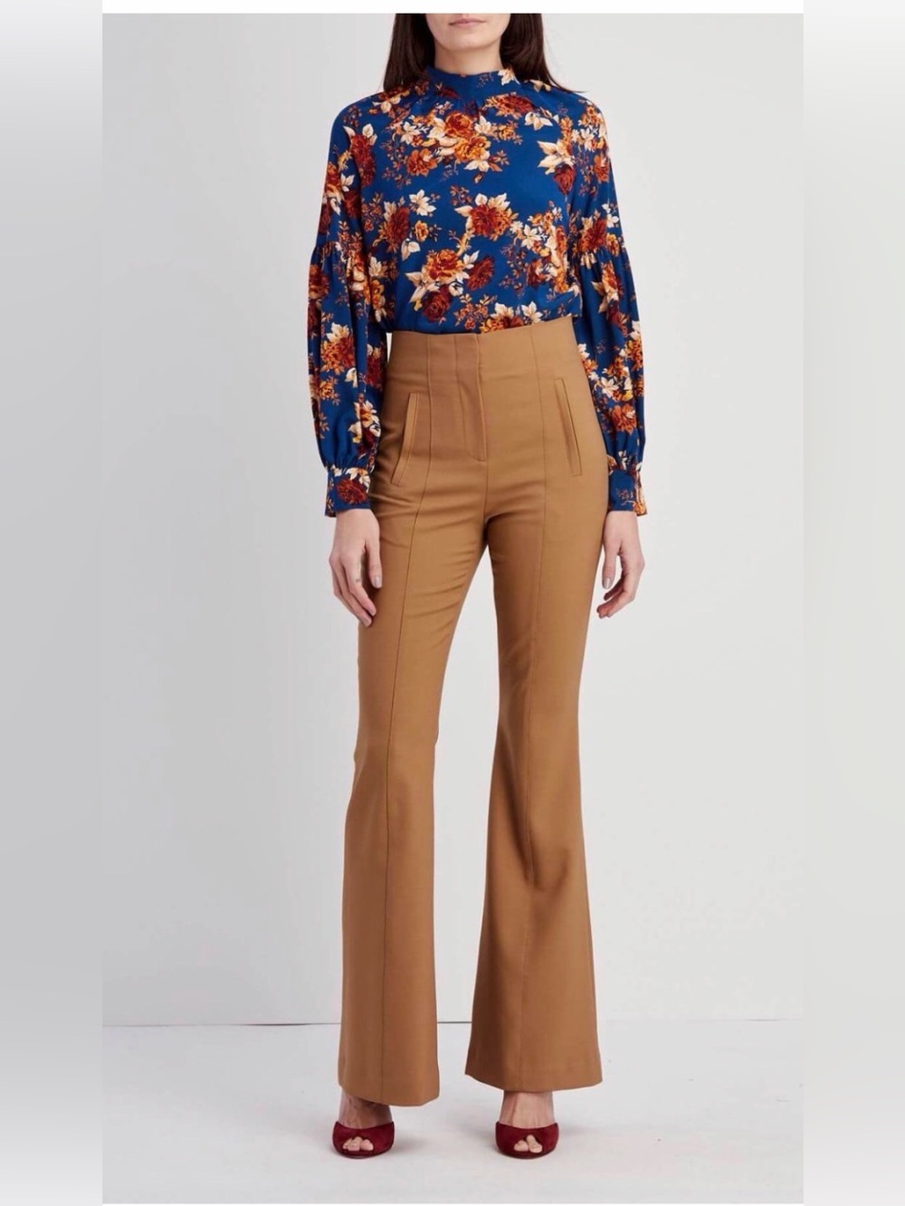Veronica Beard Tindaya High Rise Flared Wide Leg Trouser Pant Career Tan 8